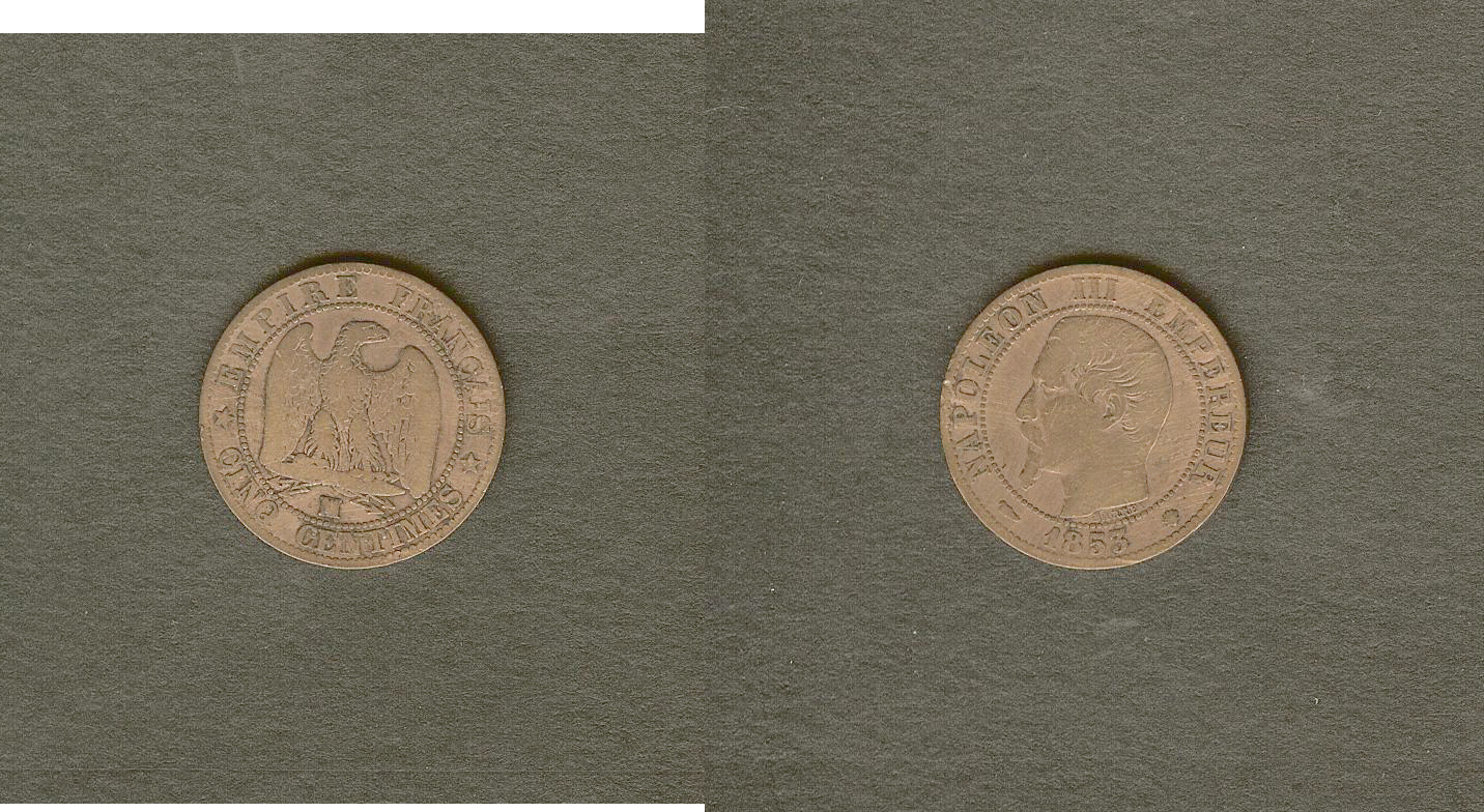 Cinq centimes Napoléon III, tête nue 1853 Marseille TB